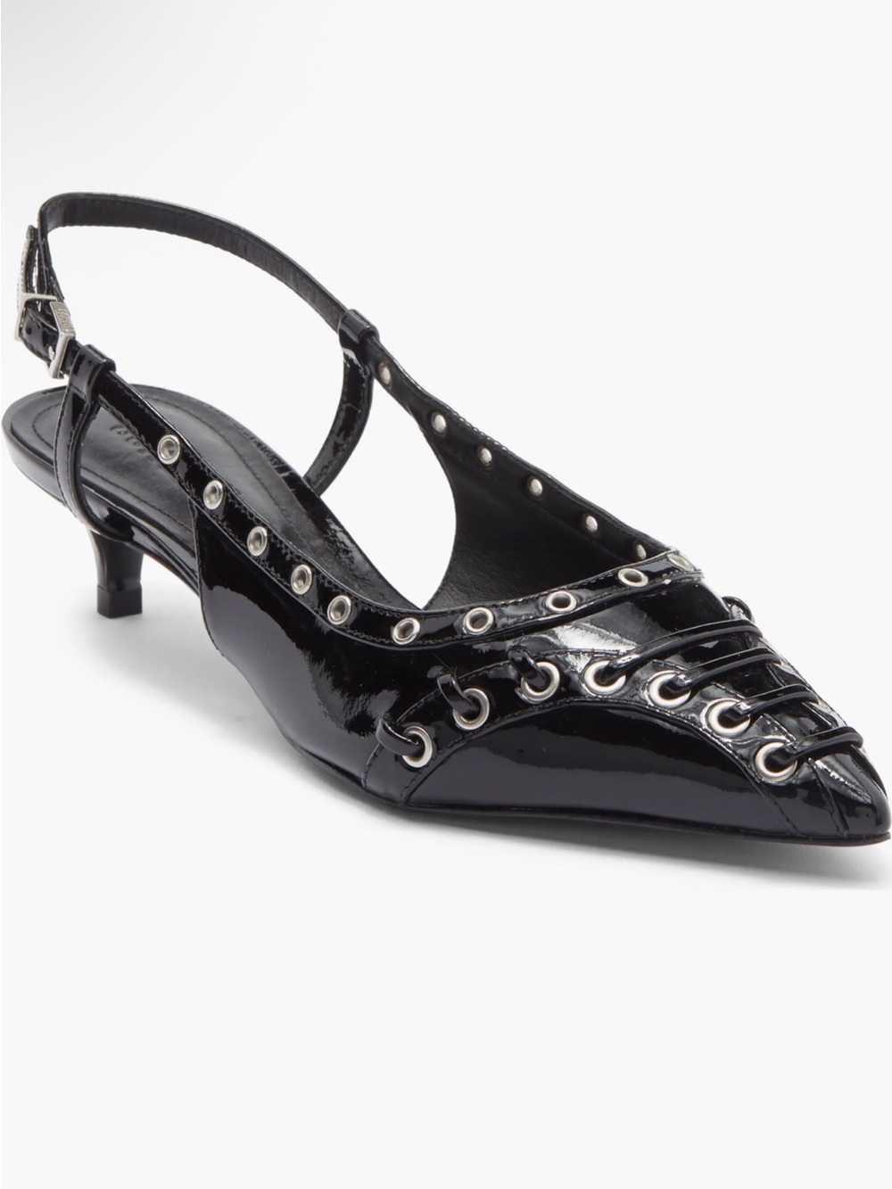 Schultz Black Patent Slingback Pointed-Toe Kitten Heel with Eyelet Detail